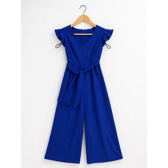T Tahari Pants - T Tahari Royal Blue Flutter Sleeve Wide Leg Jumpsuit Size 10 V-Neck Belted